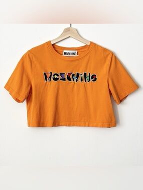Moschino Couture Women's Cropped Logo Tee Size 8 Embroidered Logo Colorful Fun